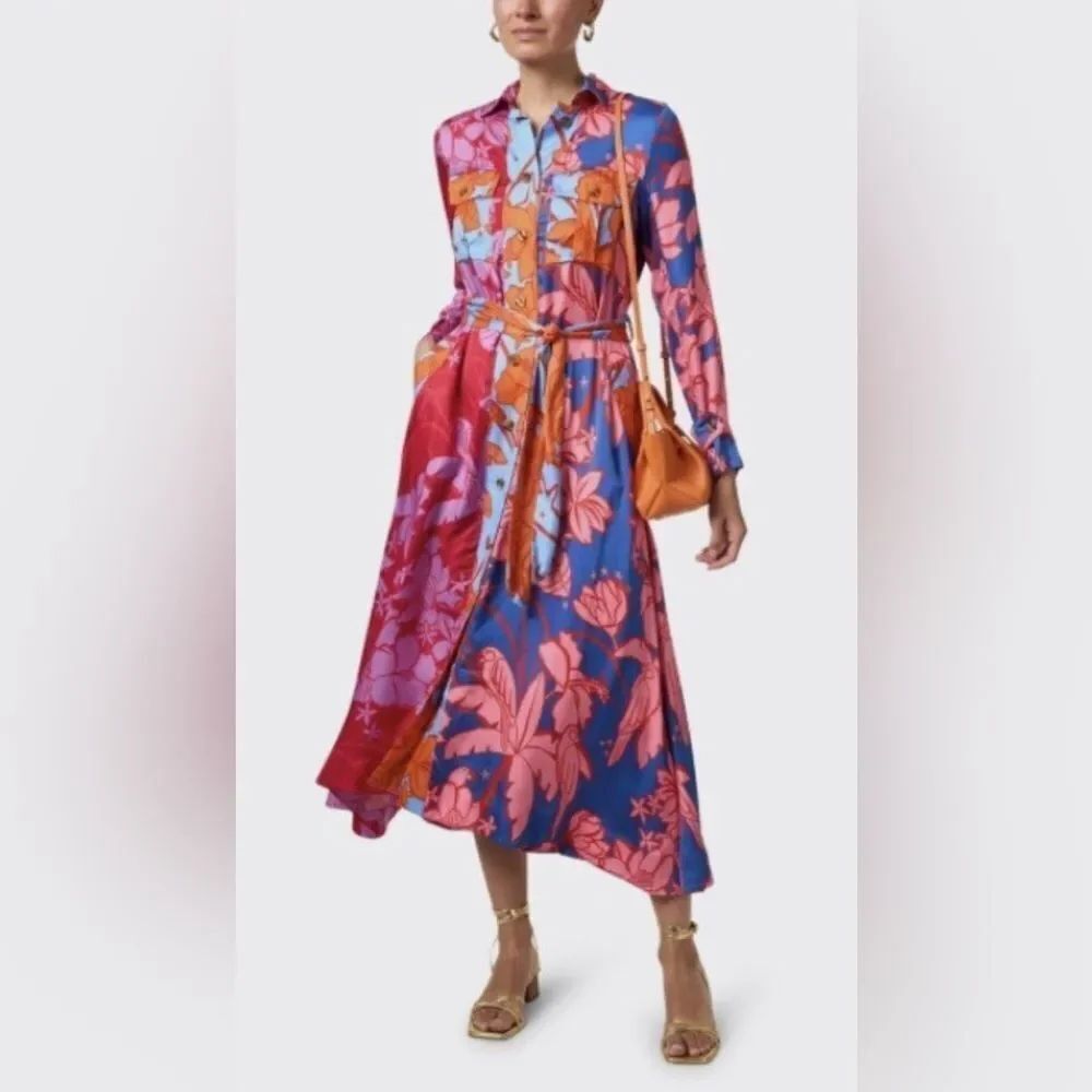 NWT FARM Rio Floral Print Tie Waist Long Sleeve Midi Dress Size XS